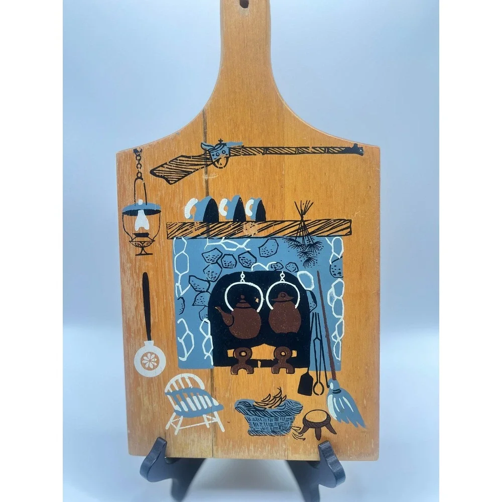 Vintage Wooden Cutting Board Colonial Hearth Scene Save My Face Wall Decor